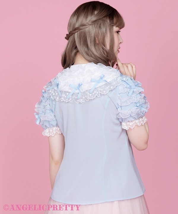 Airy Frill Short Sleeve Blouse - Sax