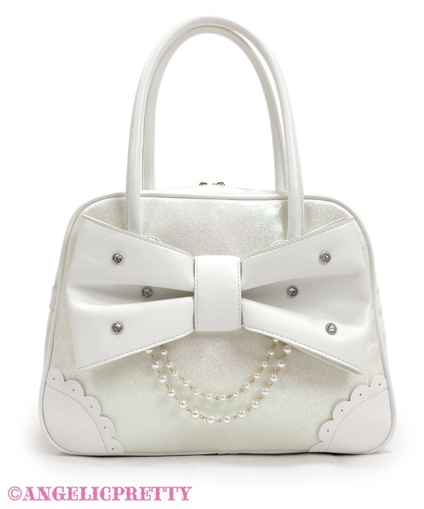 Glitter Jewel Ribbon Boston Bag - White