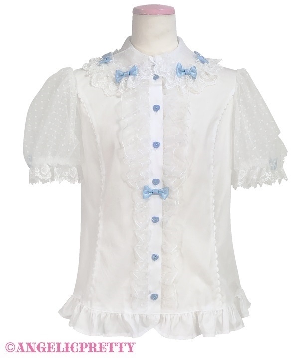 Heart Tulle Frill Blouse - White x Sax