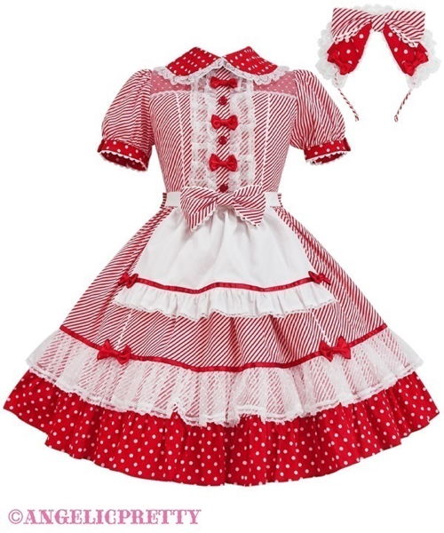 Stripe Girly Cafe One Piece Set - Red [232ST03-210410-rd